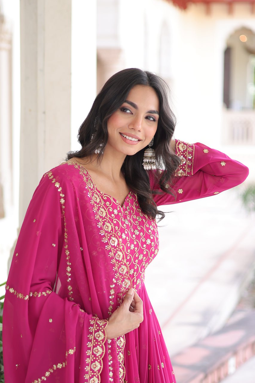Georgette Embroidered Gown with Sequins Zari Dupatta (Fully Stitched)  Description: