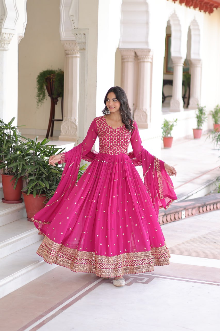 Georgette Embroidered Gown with Sequins Zari Dupatta (Fully Stitched)  Description: