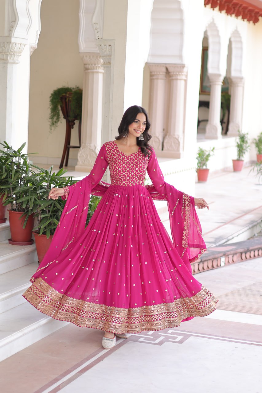Georgette Embroidered Gown with Sequins Zari Dupatta (Fully Stitched)  Description: