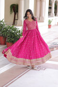 Georgette Embroidered Gown with Sequins Zari Dupatta (Fully Stitched)  Description: