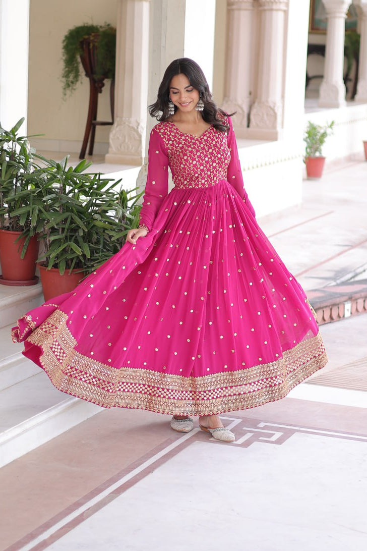Faux Georgette Embroidered Gown with Sequins Zari Dupatta (Fully Stitched)  Description: