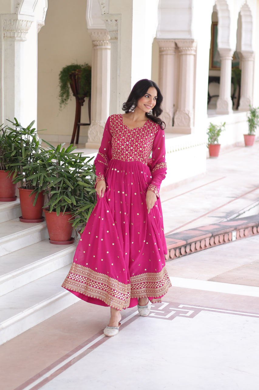 Georgette Embroidered Gown with Sequins Zari Dupatta (Fully Stitched)  Description: