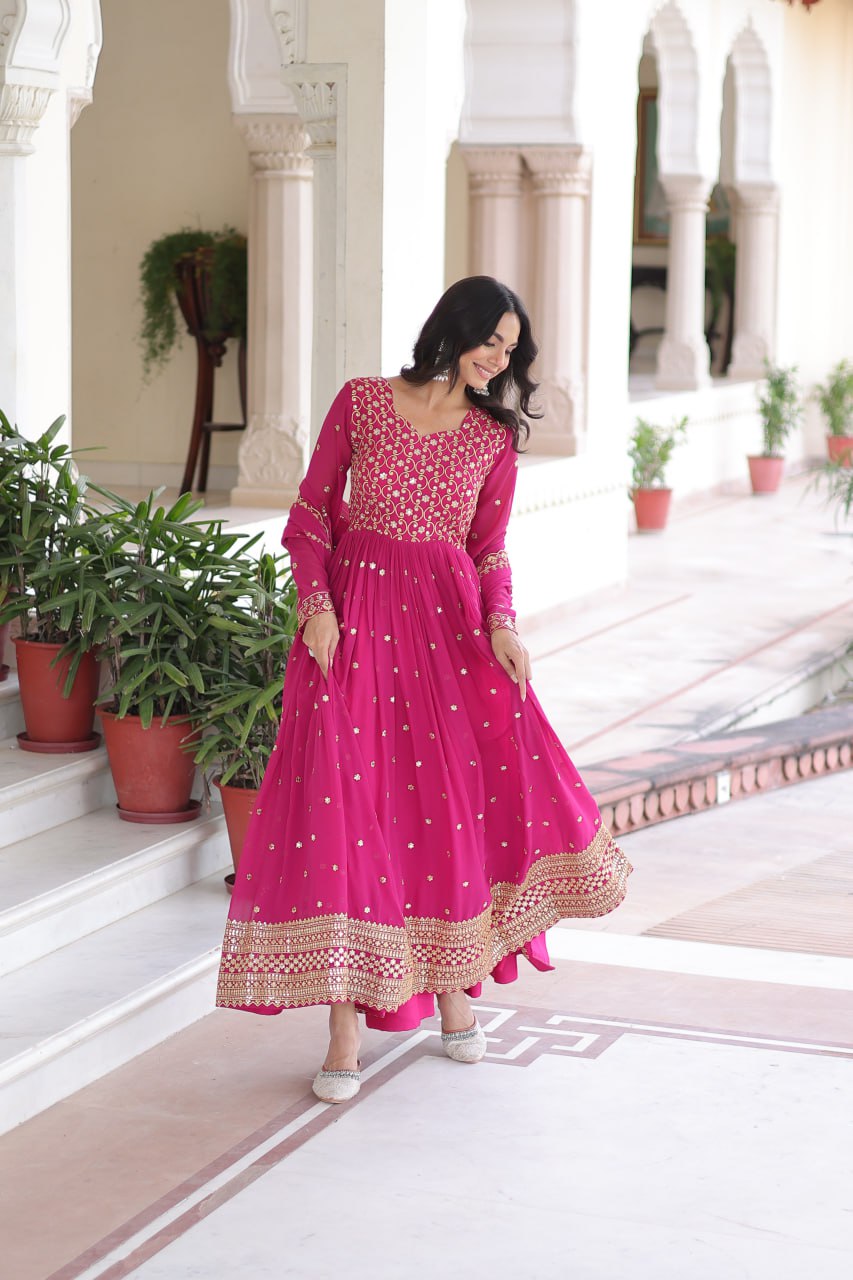 Georgette Embroidered Gown with Sequins Zari Dupatta (Fully Stitched)  Description: