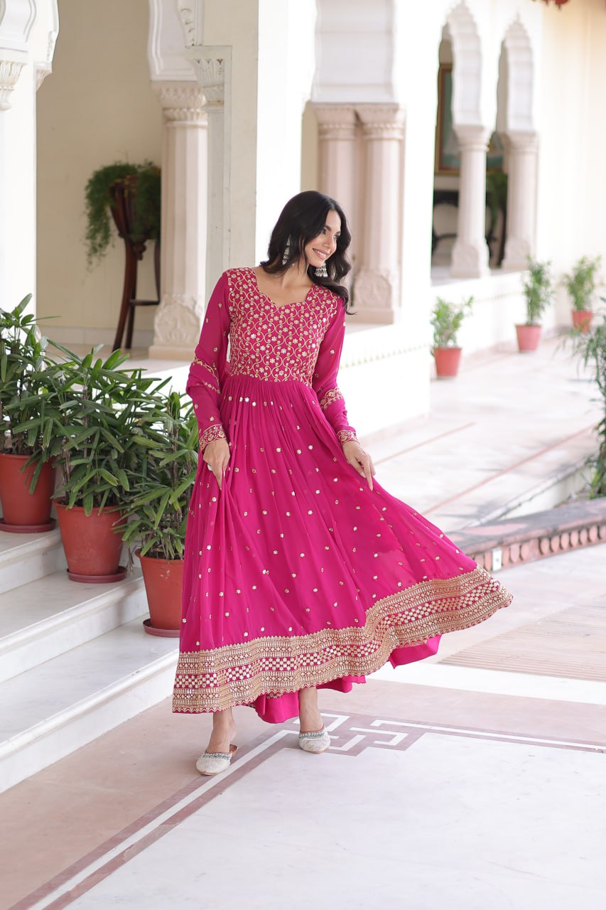 Georgette Embroidered Gown with Sequins Zari Dupatta (Fully Stitched)  Description: