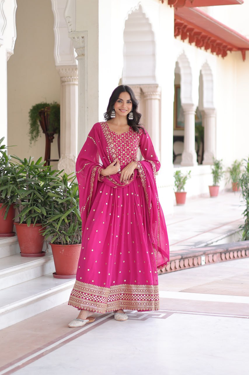 Georgette Embroidered Gown with Sequins Zari Dupatta (Fully Stitched)  Description: