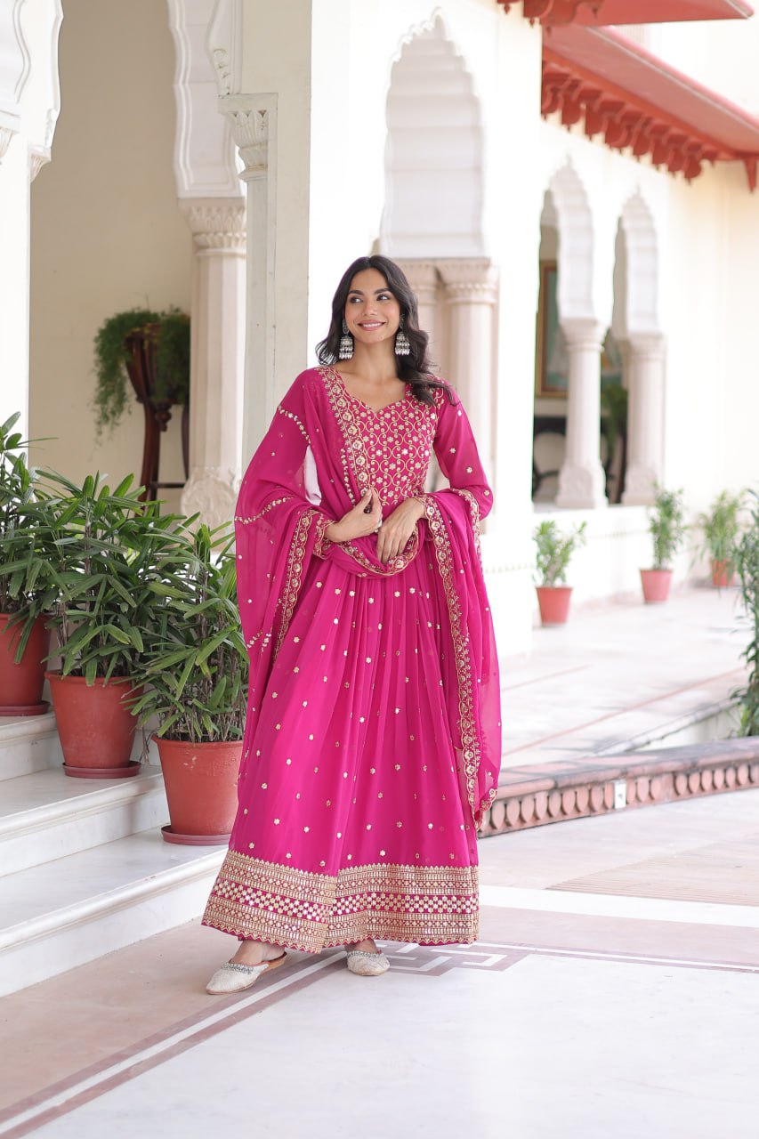 Georgette Embroidered Gown with Sequins Zari Dupatta (Fully Stitched)  Description: