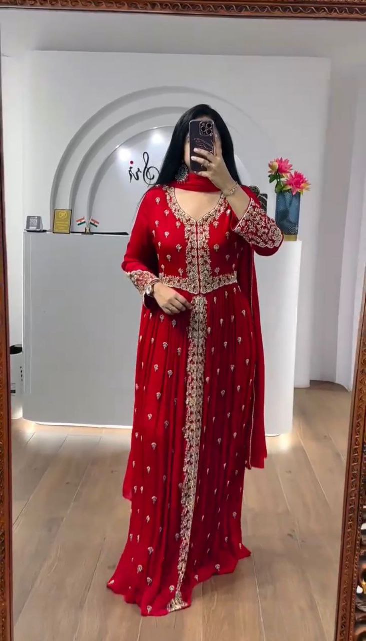 Women’s Fox Georgette Embroidery Sequence Work Gown with Matching Dupatta