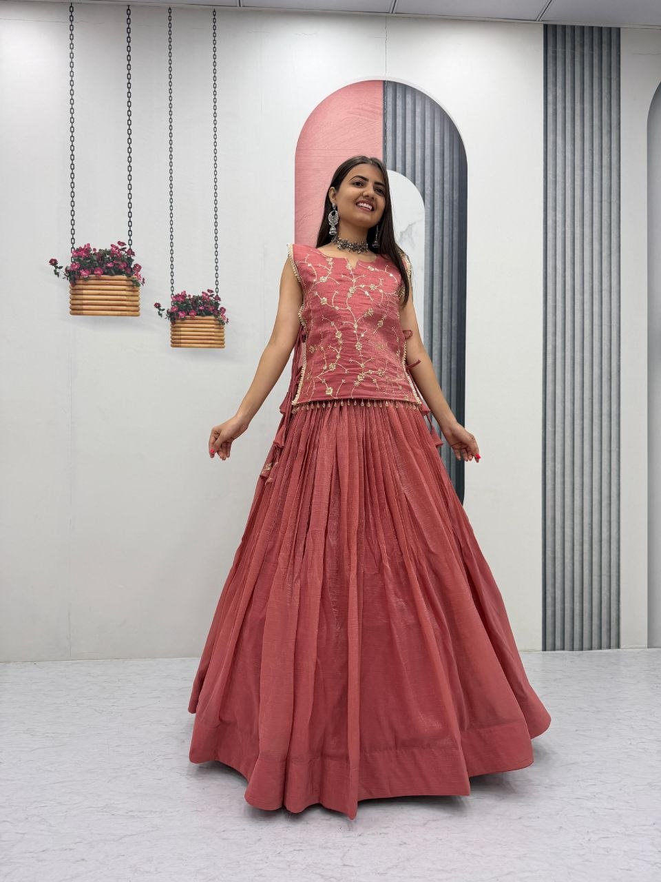 Designer Crunchy Silk Lehenga with Stitched Blouse – Festive & Wedding Wear