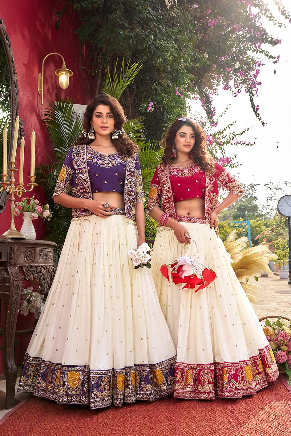Vichitra Lehenga Choli Set with Stylish Embroidered Koti