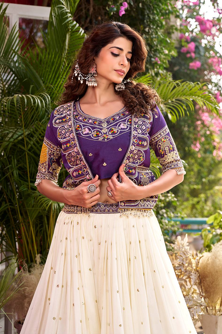 Vichitra Lehenga Choli Set with Stylish Embroidered Koti