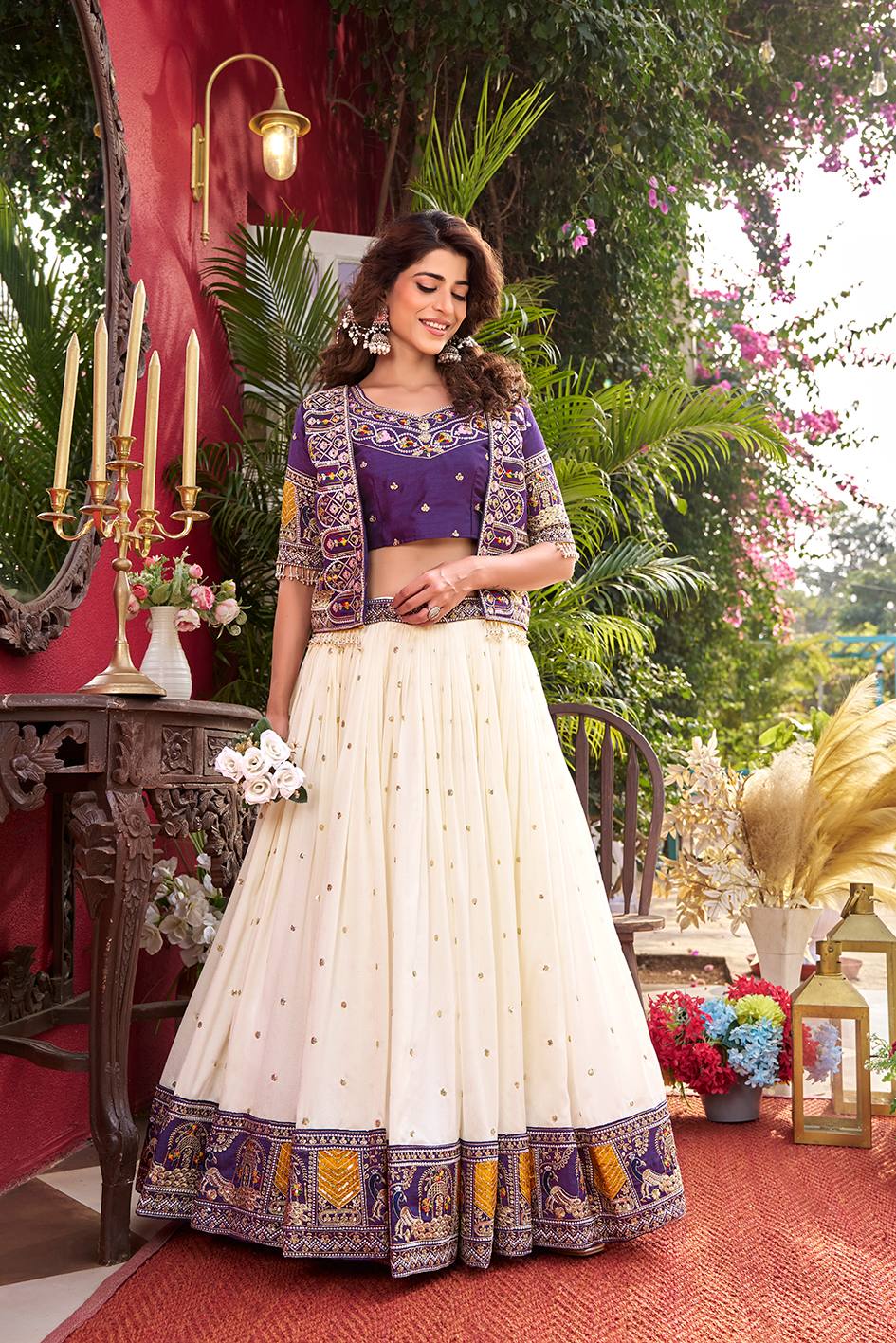 Designer Vichitra Lehenga Choli Set with Stylish Embroidered Koti