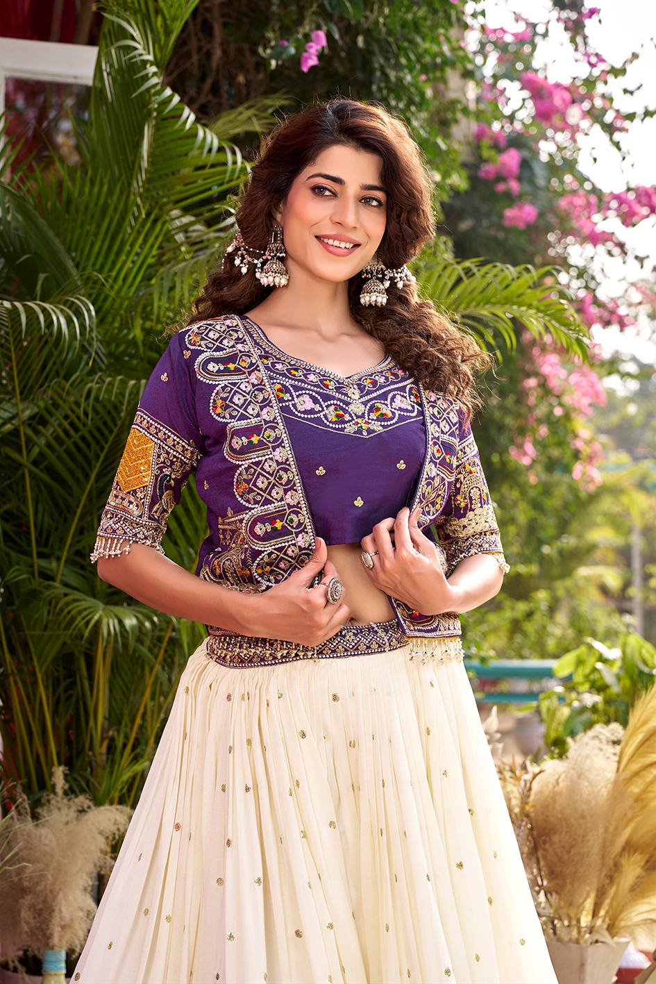 Vichitra Lehenga Choli Set with Stylish Embroidered Koti