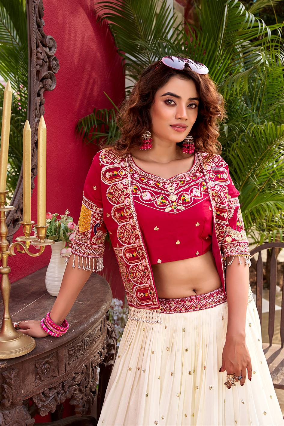 Designer Vichitra Lehenga Choli Set with Stylish Embroidered Koti