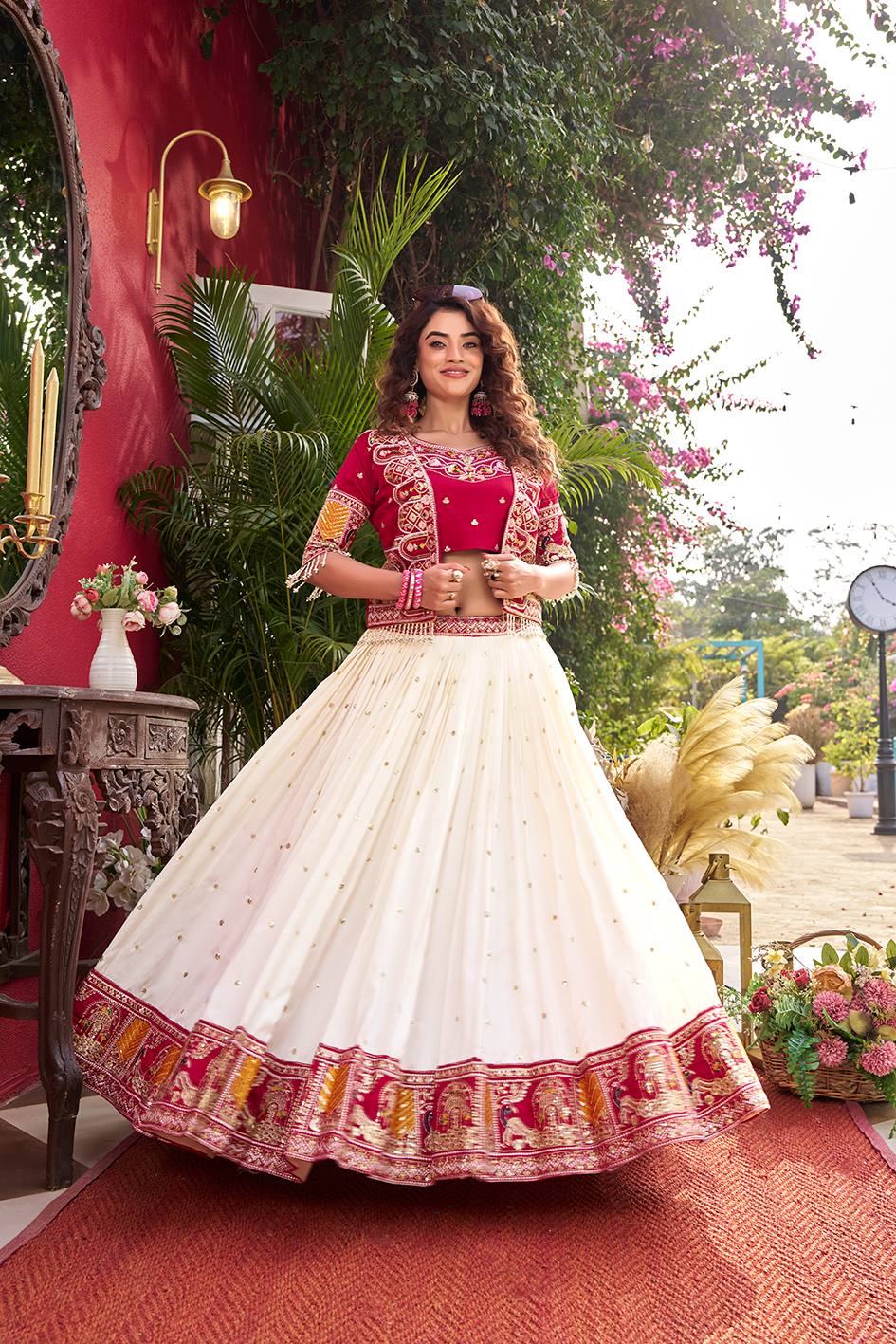 Designer Vichitra Lehenga Choli Set with Stylish Embroidered Koti