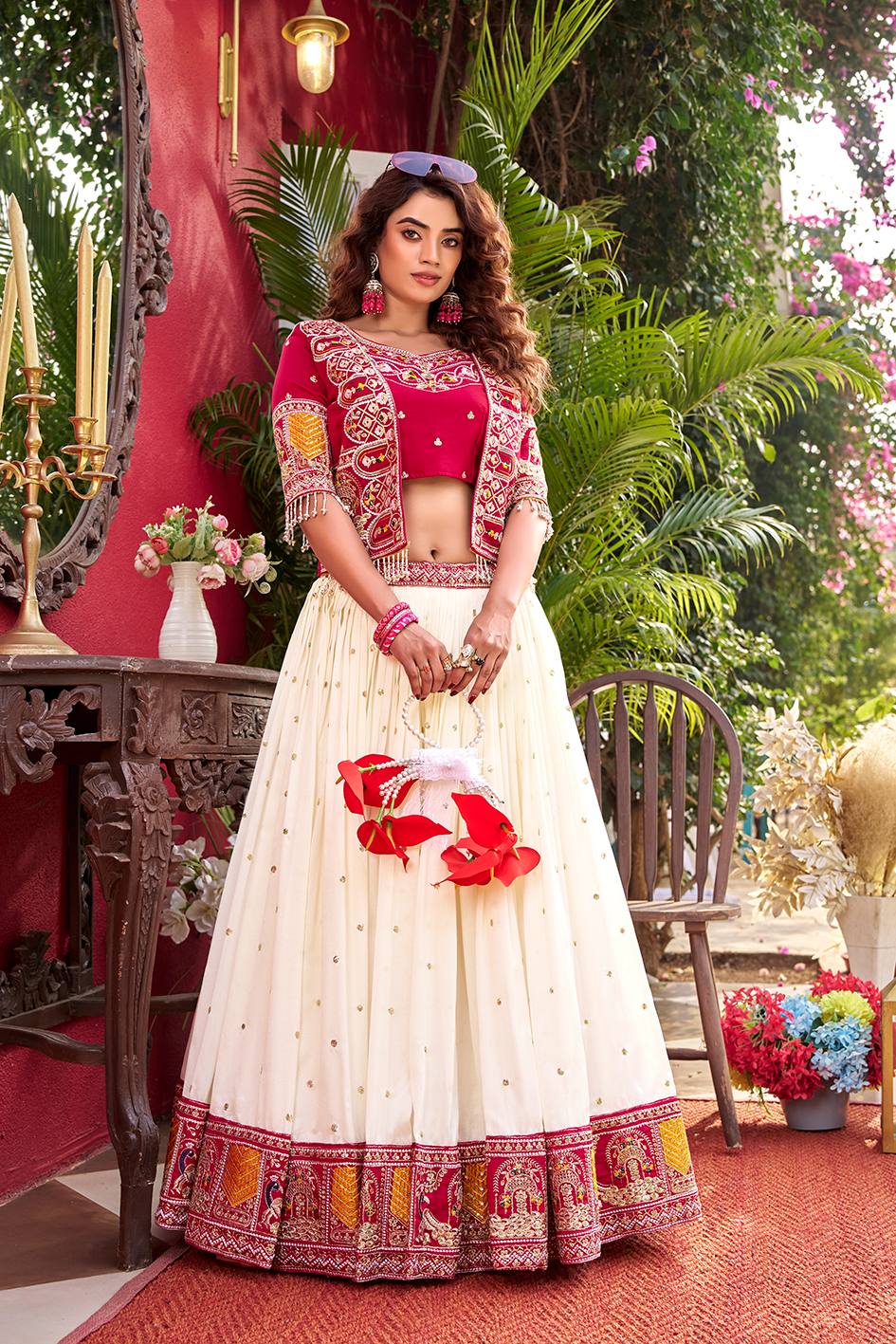 Vichitra Lehenga Choli Set with Stylish Embroidered Koti