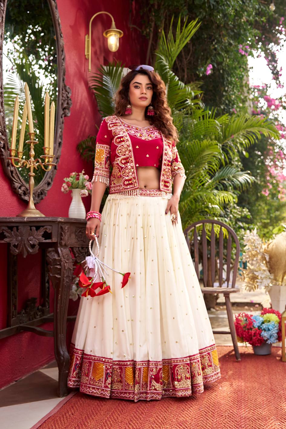 Vichitra Lehenga Choli Set with Stylish Embroidered Koti