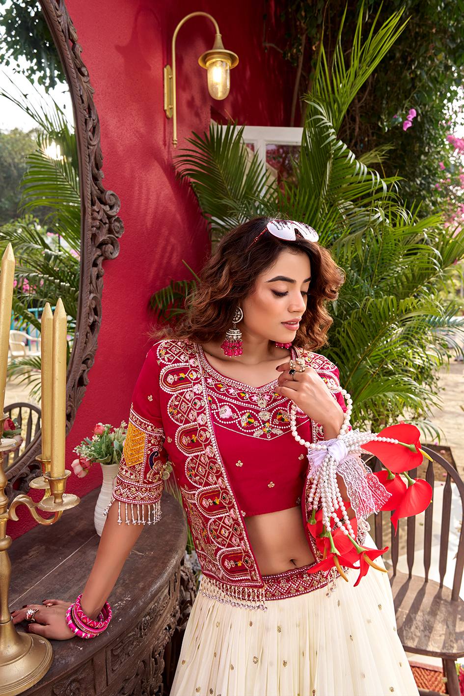 Vichitra Lehenga Choli Set with Stylish Embroidered Koti
