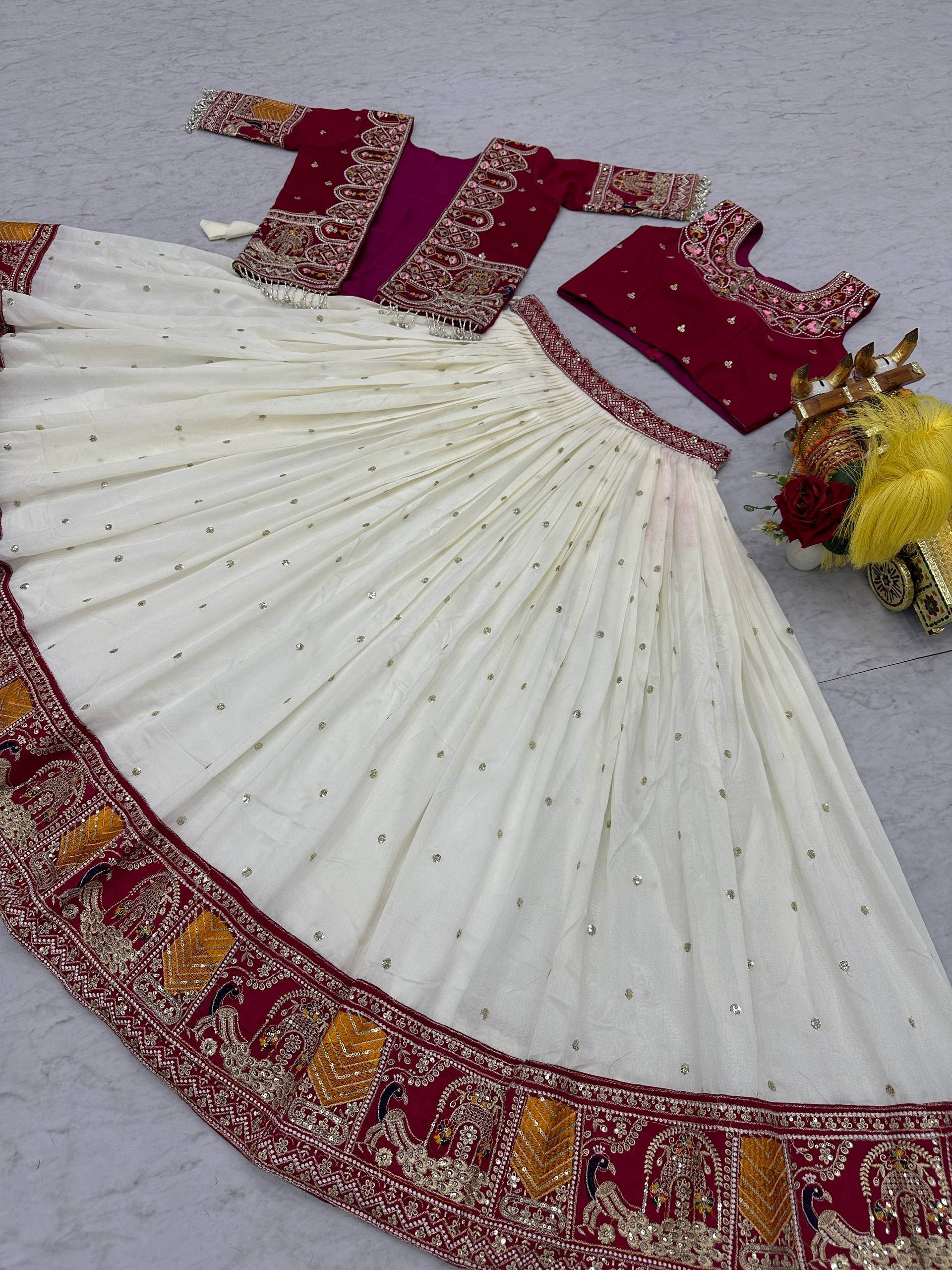 Vichitra Lehenga Choli Set with Stylish Embroidered Koti
