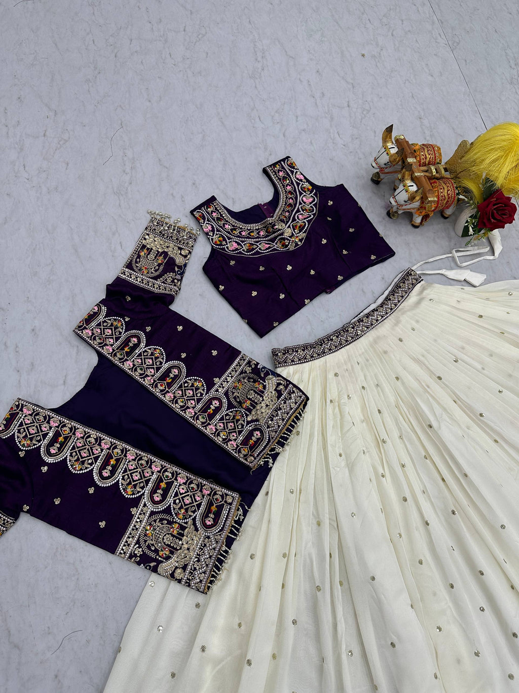 Vichitra Lehenga Choli Set with Stylish Embroidered Koti