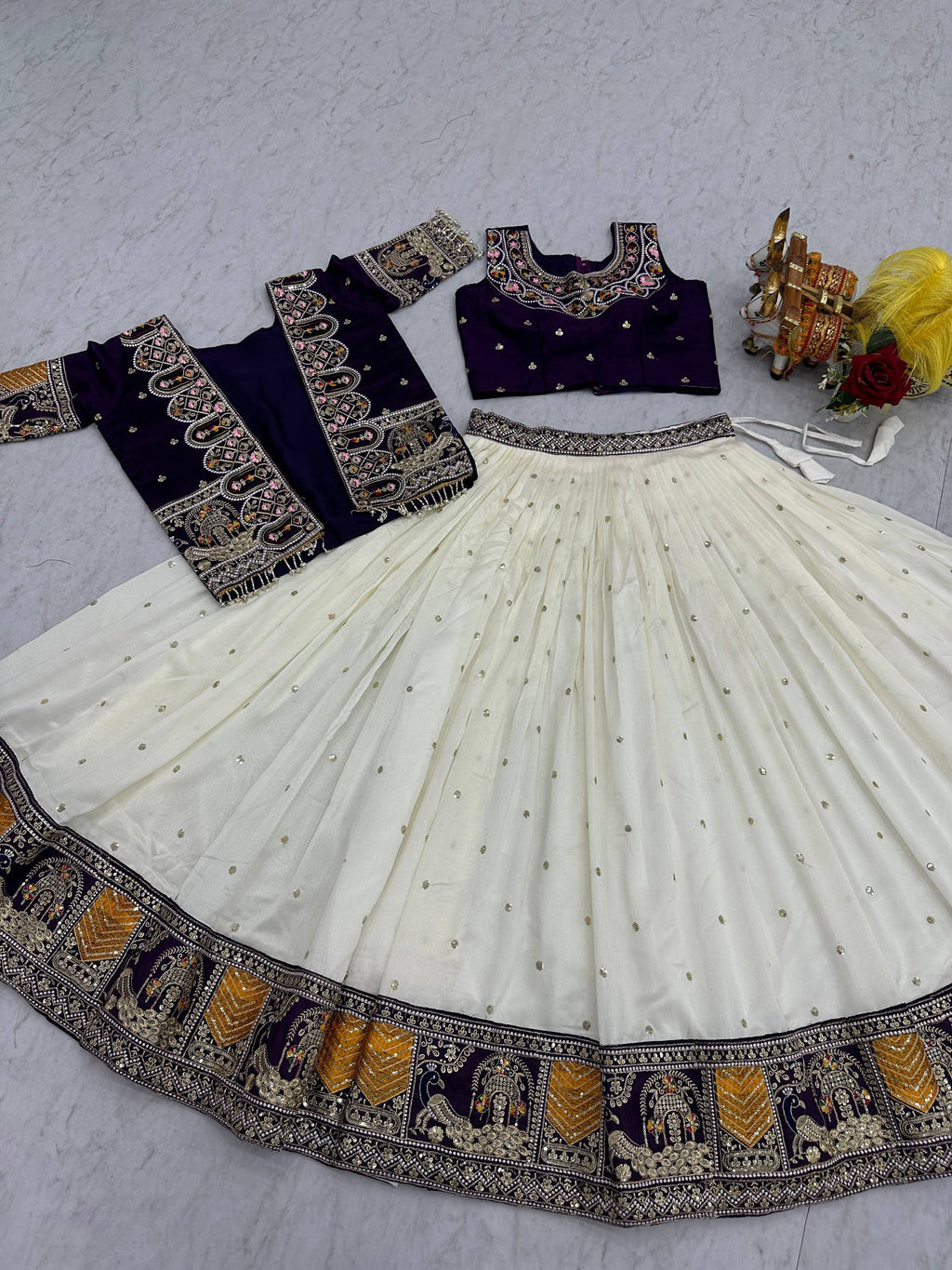 Vichitra Lehenga Choli Set with Stylish Embroidered Koti
