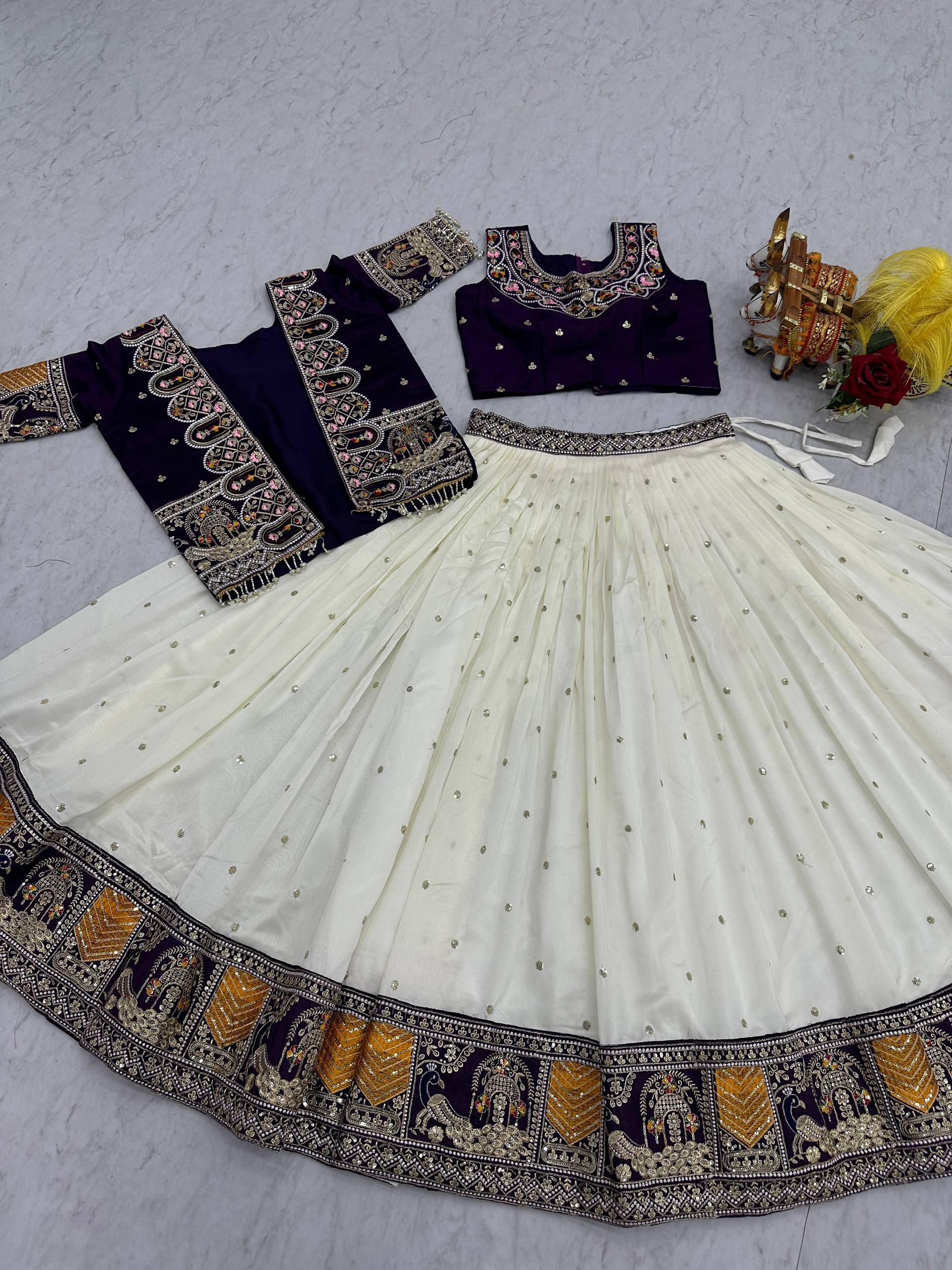 Vichitra Lehenga Choli Set with Stylish Embroidered Koti