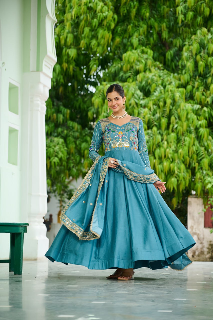 Royal Look Gown Set with Heavy Embroidery & Dupatta