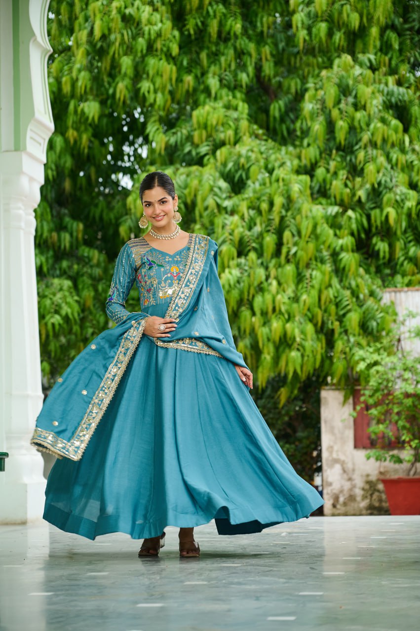 Royal Look Gown Set with Heavy Embroidery & Dupatta