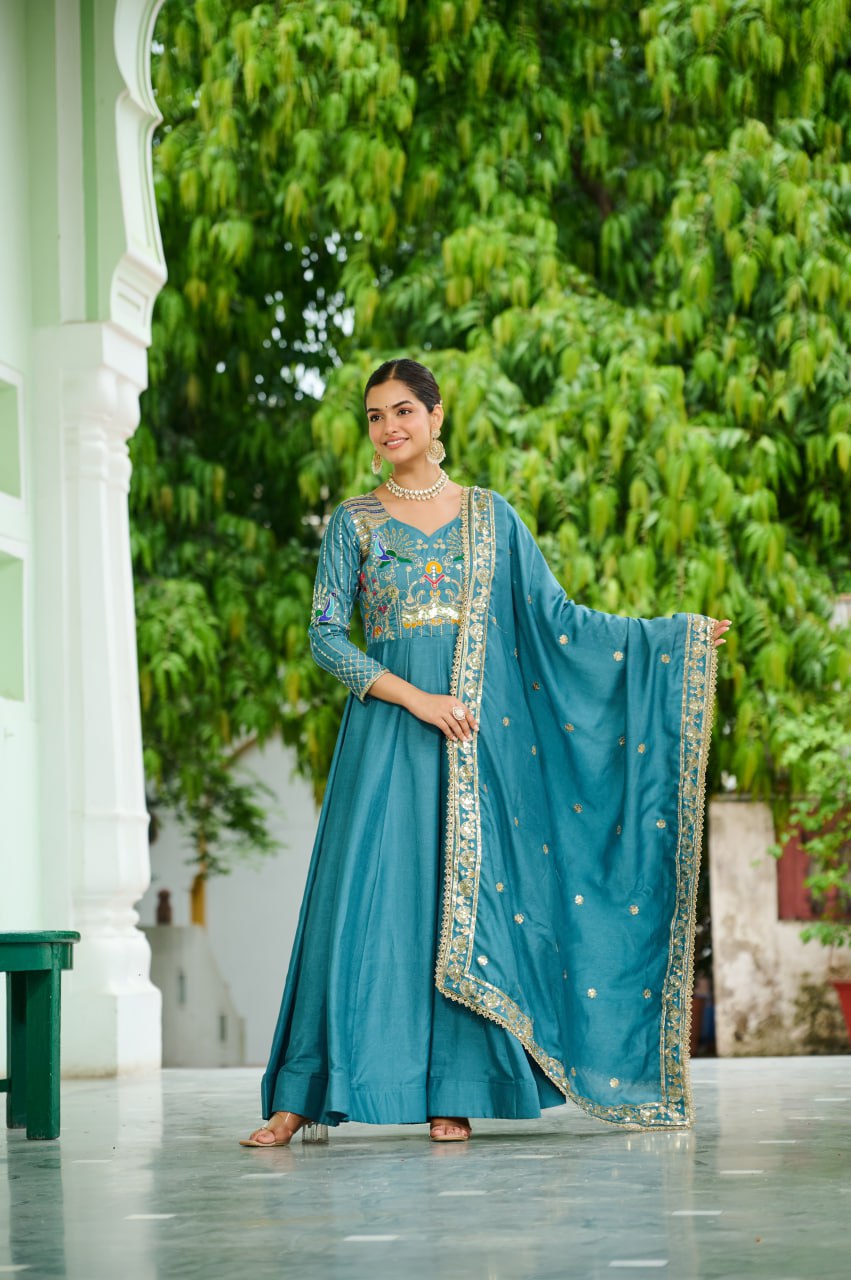 Royal Look Gown Set with Heavy Embroidery & Dupatta