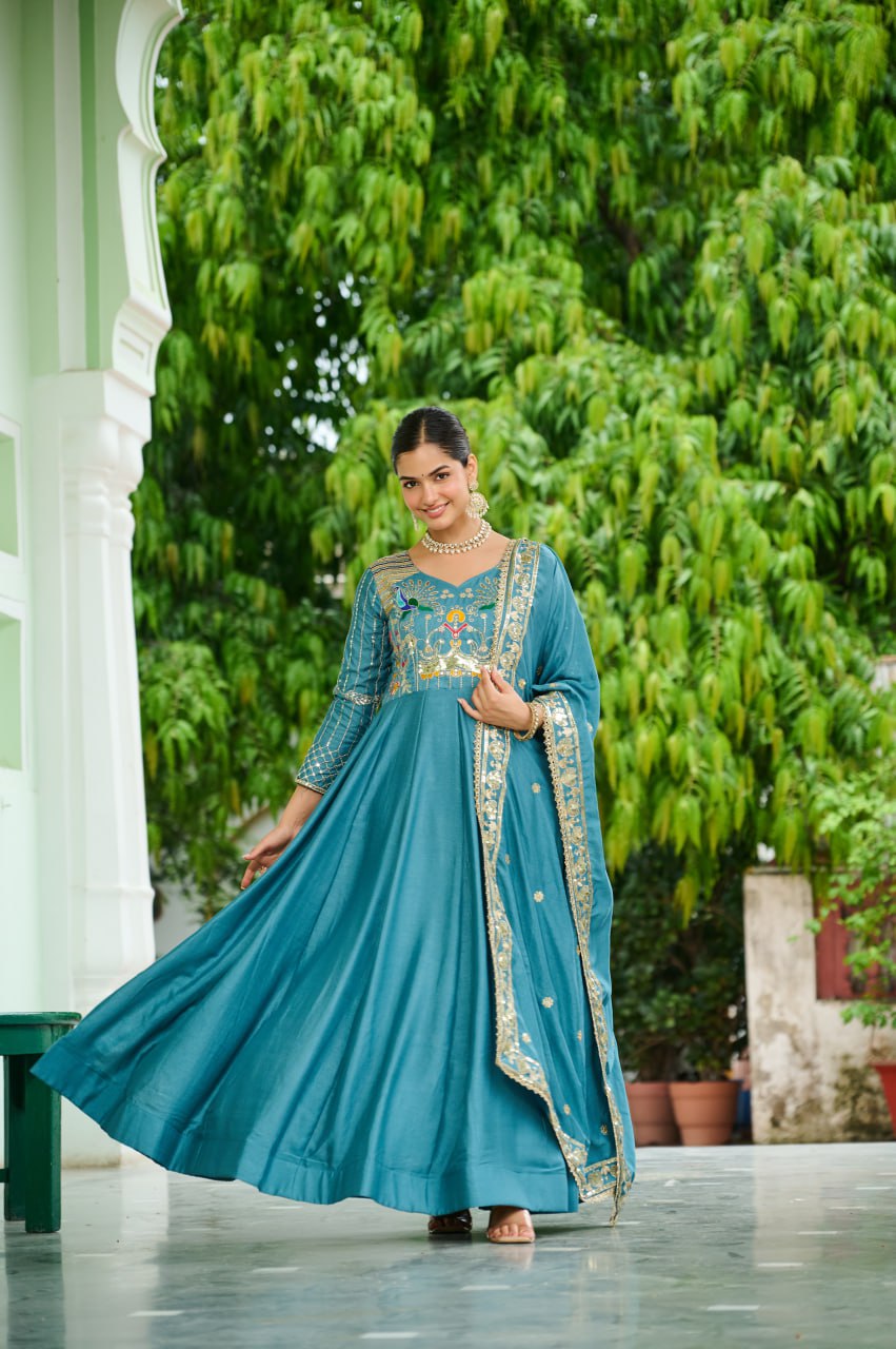 Royal Look Gown Set with Heavy Embroidery & Dupatta