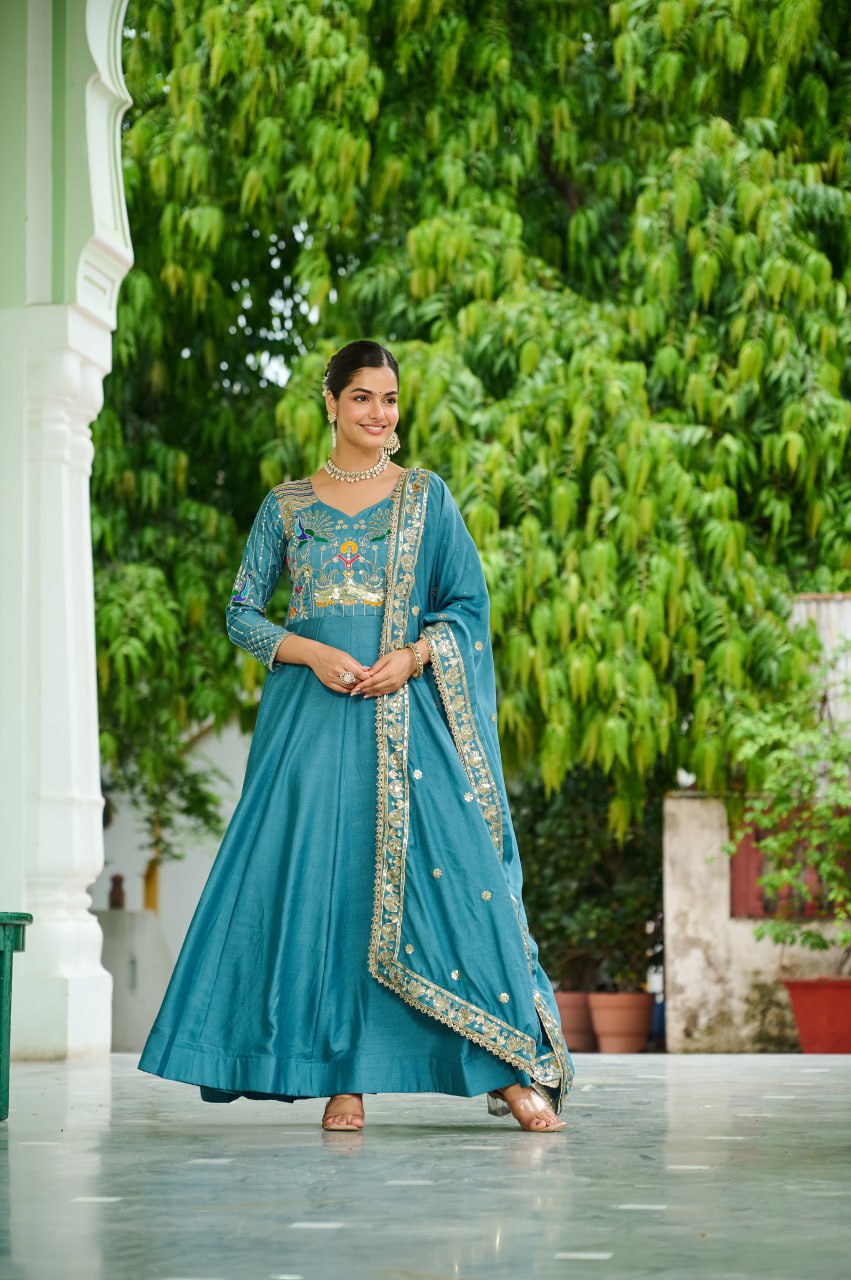 Royal Look Gown Set with Heavy Embroidery & Dupatta