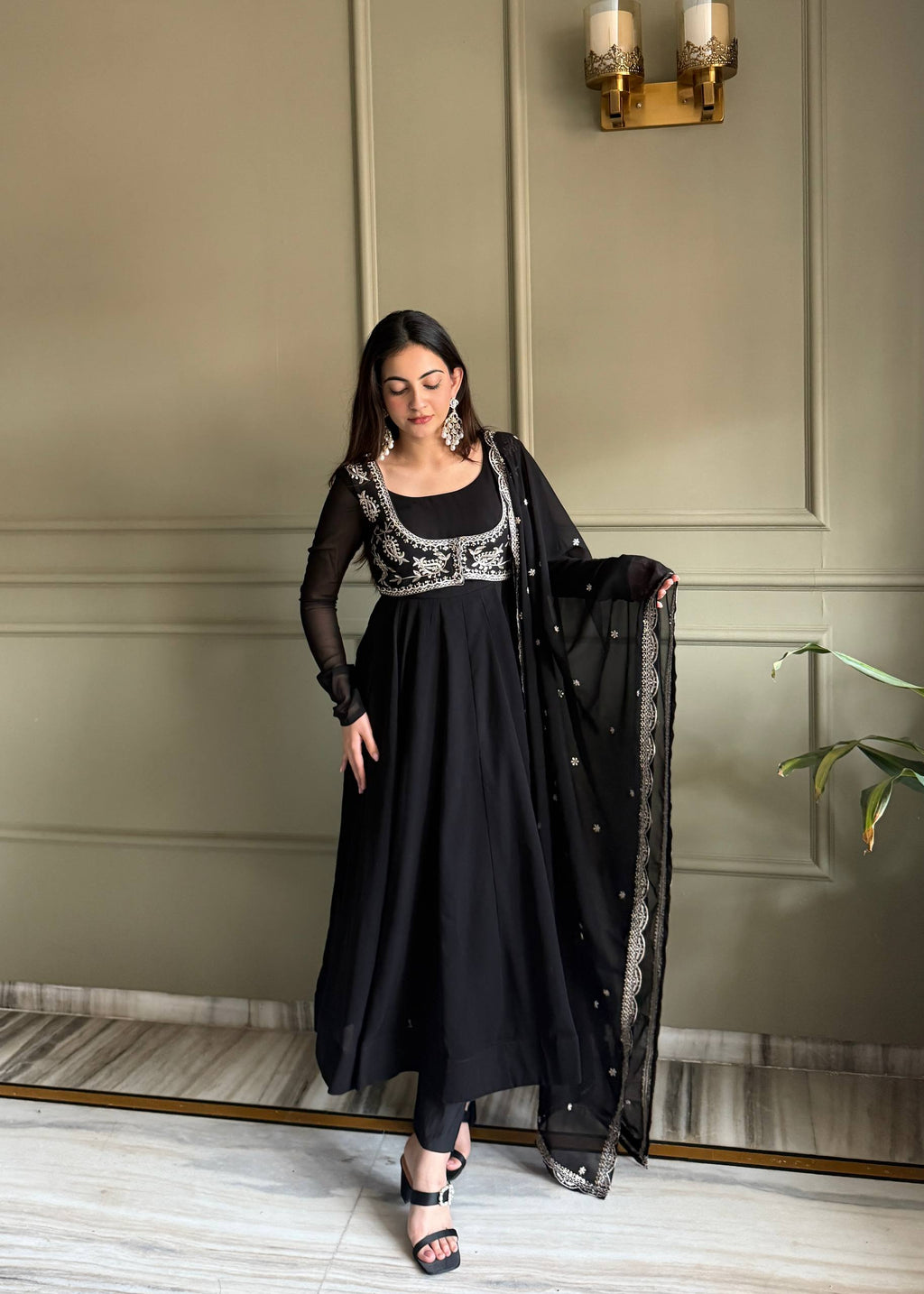Faux Georgette Anarkali Gown Set with Dupatta & Pant