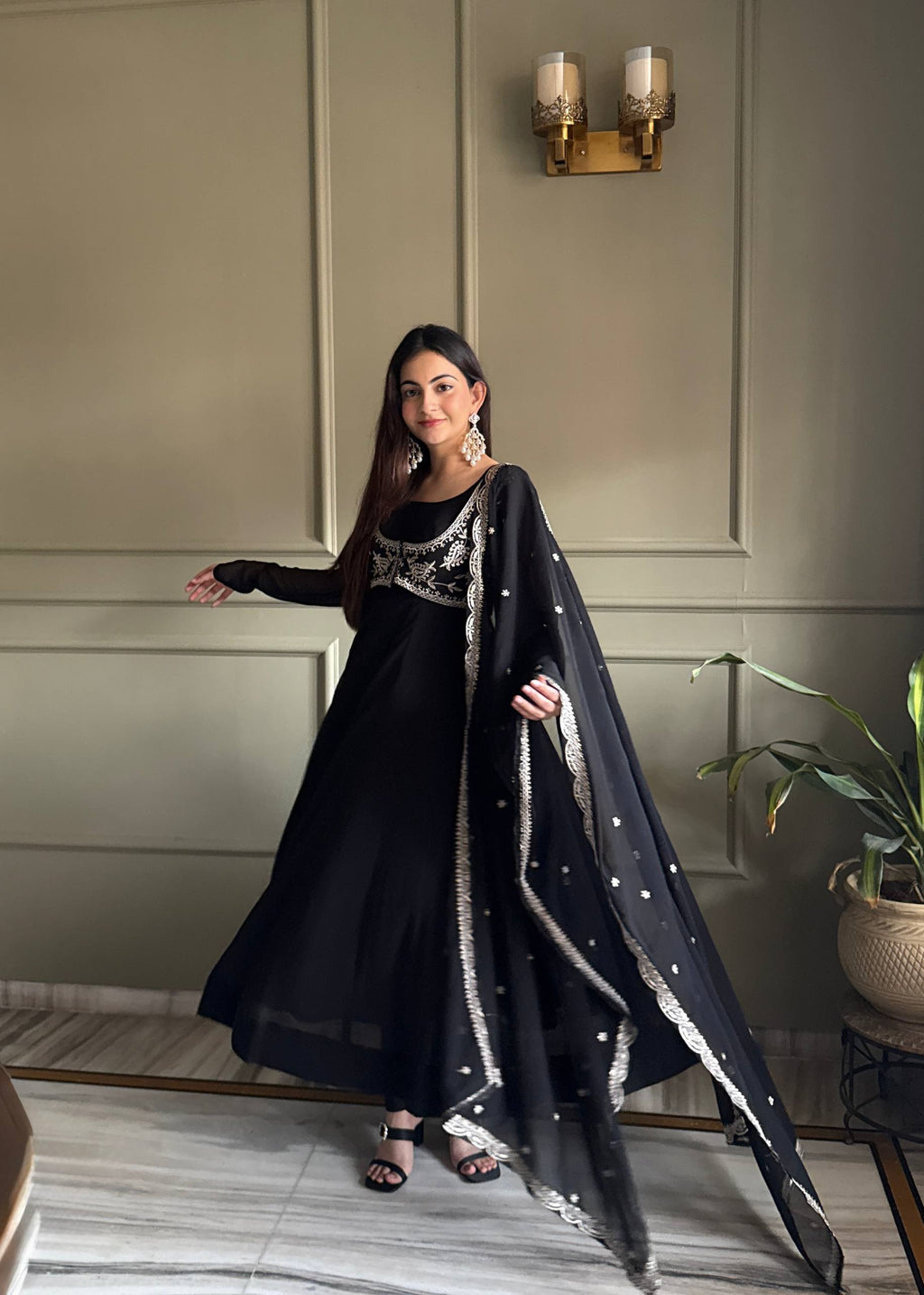 Faux Georgette Anarkali Gown Set with Dupatta & Pant