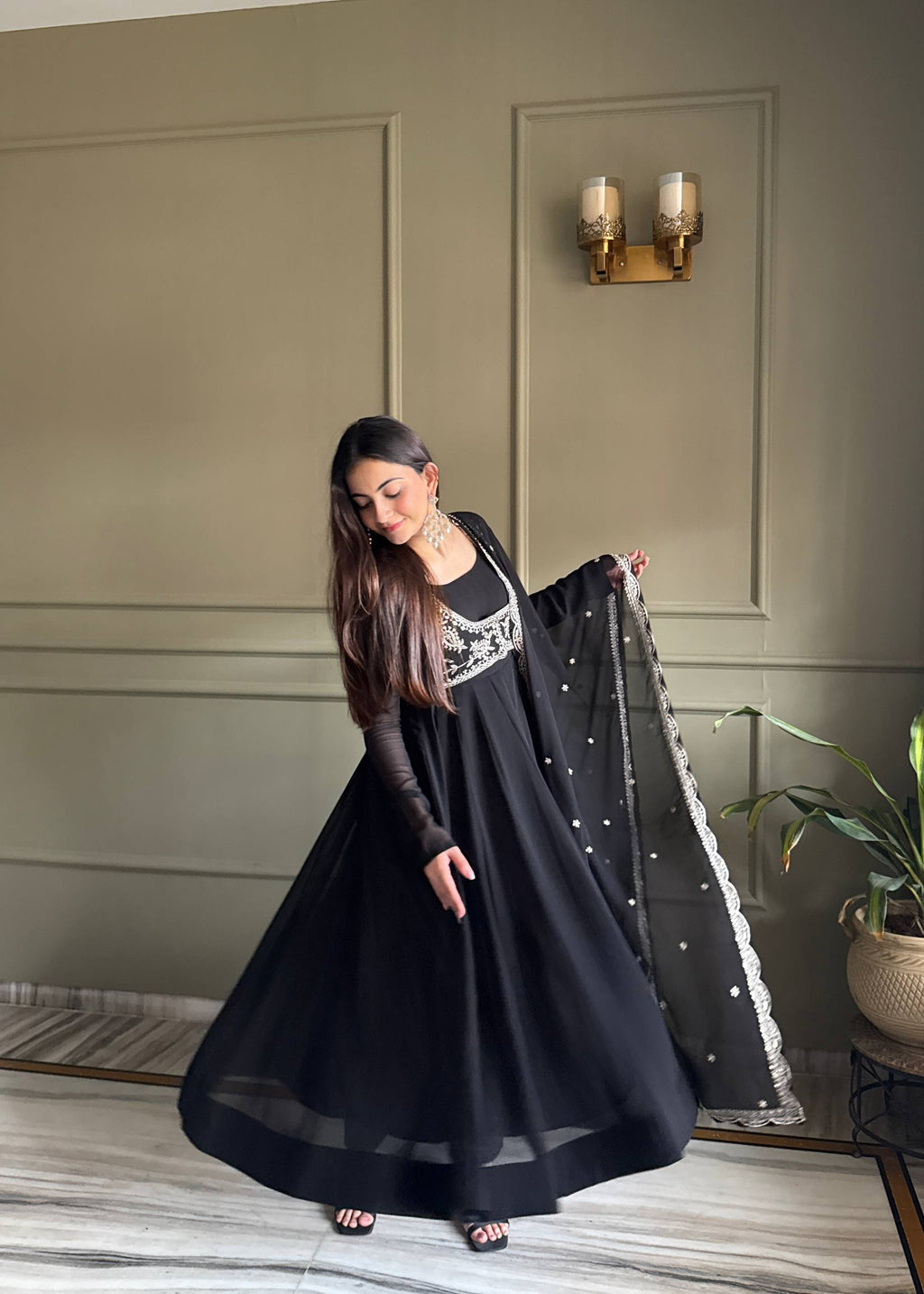 Faux Georgette Anarkali Gown Set with Dupatta & Pant