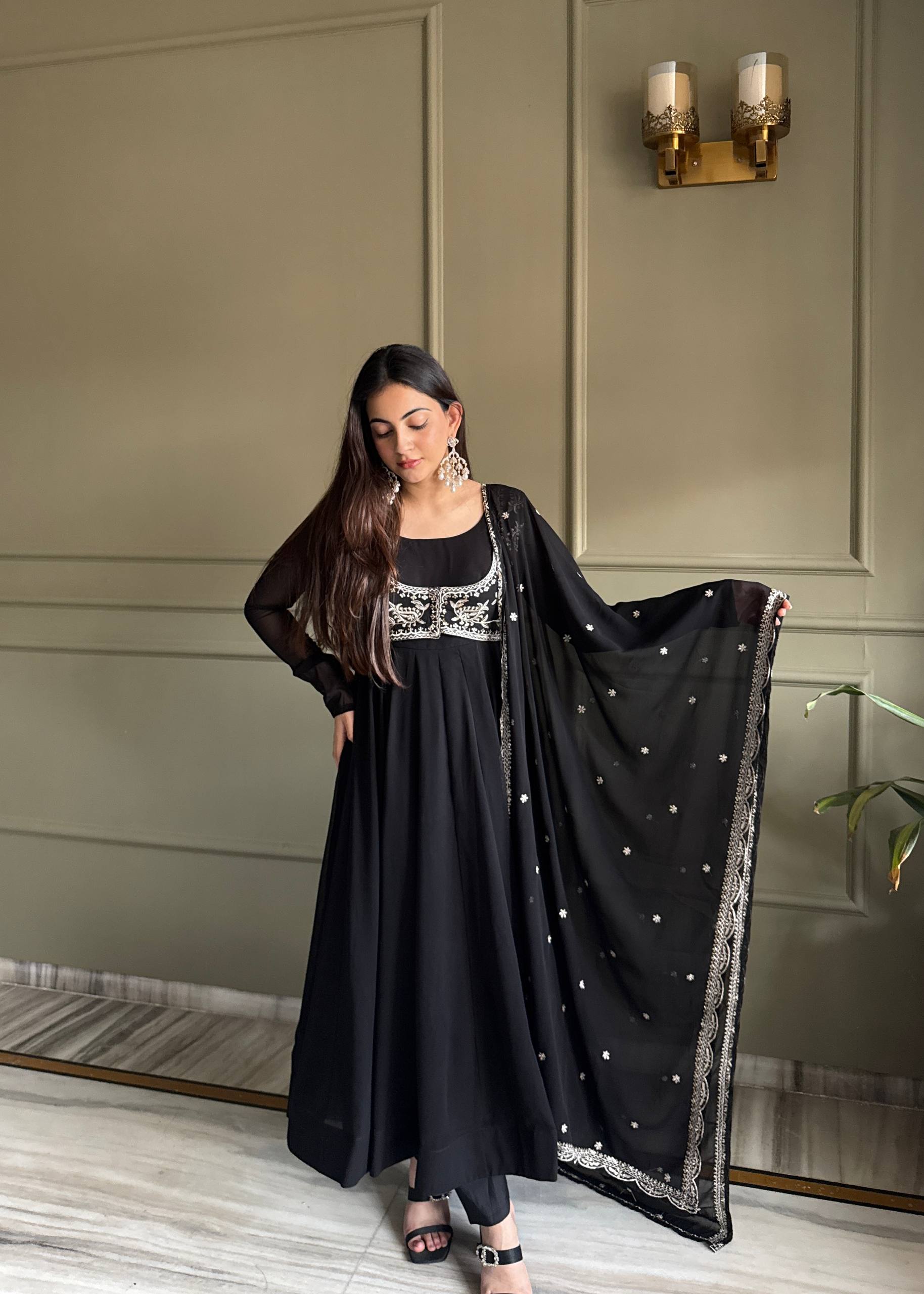 Faux Georgette Anarkali Gown Set with Dupatta & Pant