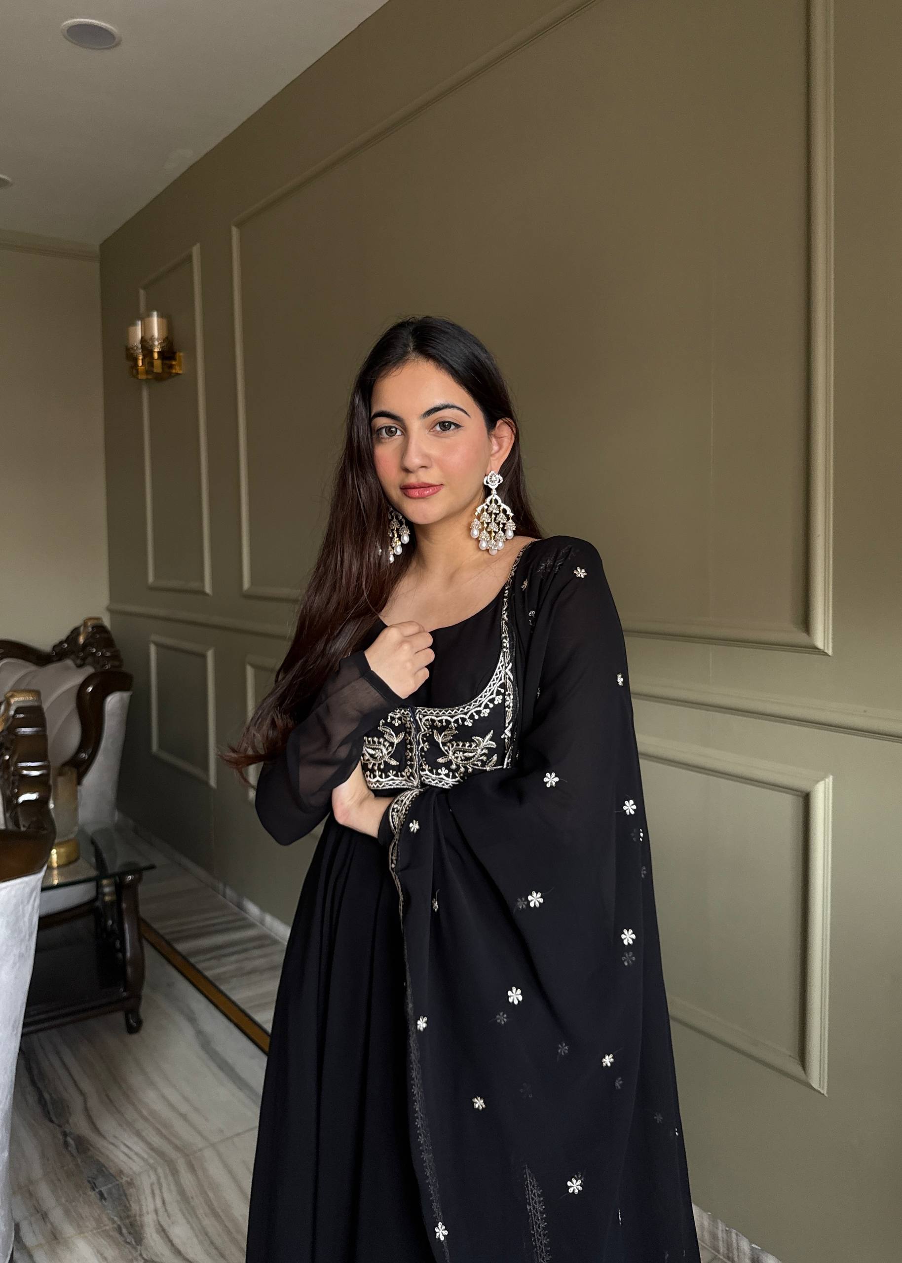 Faux Georgette Anarkali Gown Set with Dupatta & Pant
