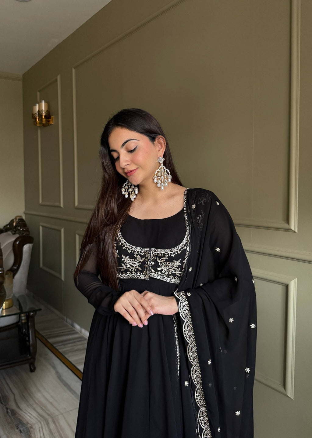 Faux Georgette Anarkali Gown Set with Dupatta & Pant