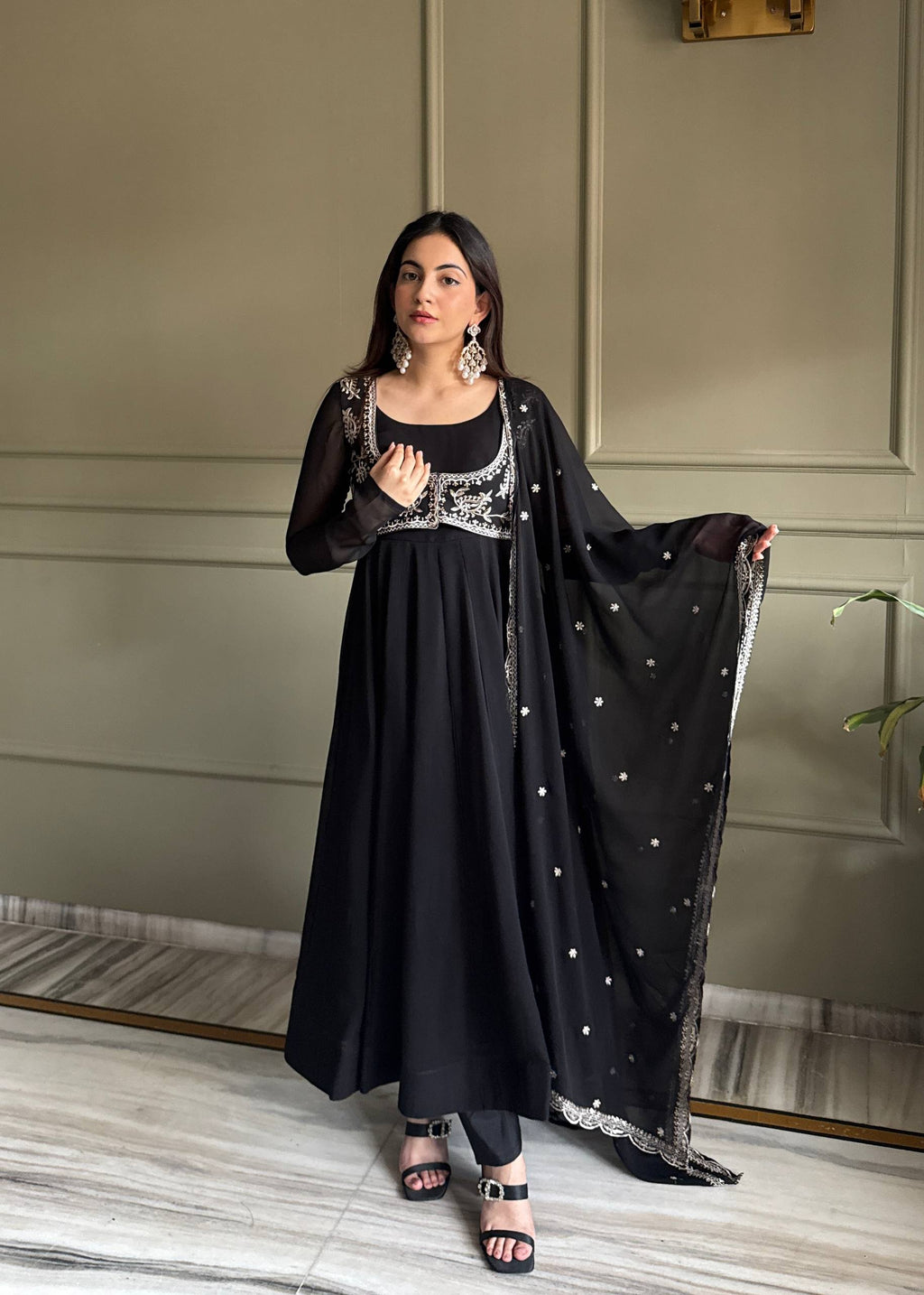 Faux Georgette Anarkali Gown Set with Dupatta & Pant