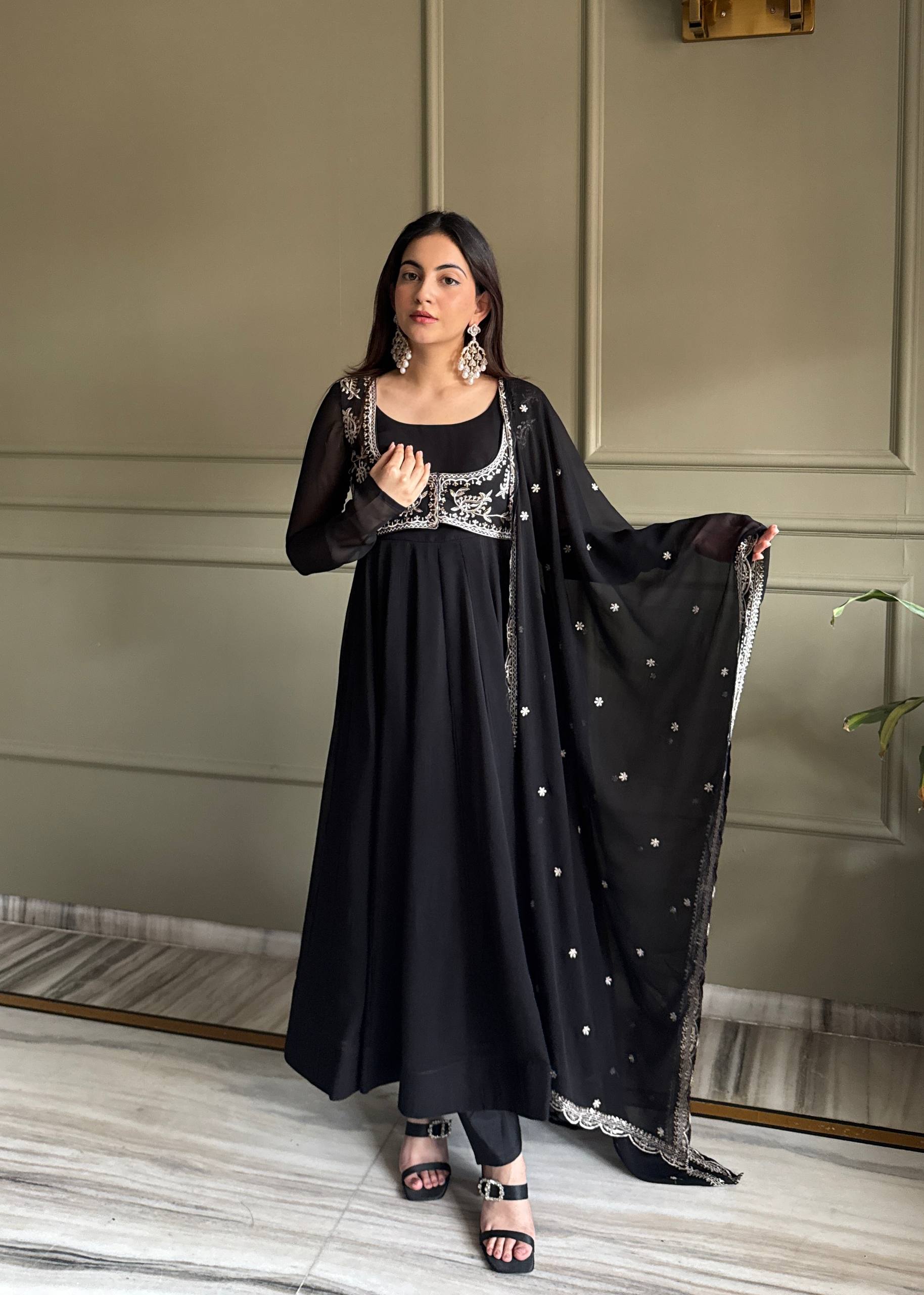 Faux Georgette Anarkali Gown Set with Dupatta & Pant