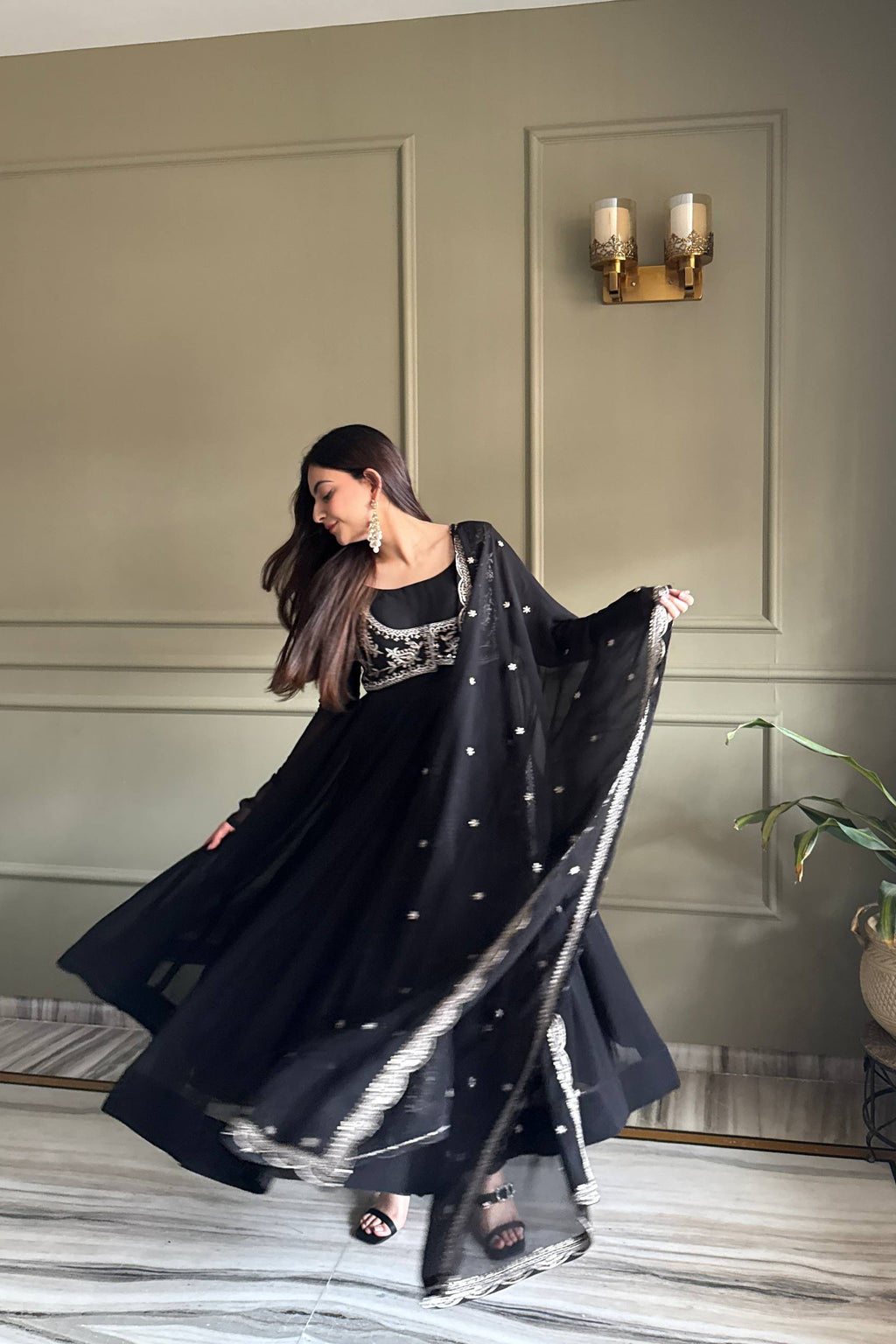 Faux Georgette Anarkali Gown Set with Dupatta & Pant