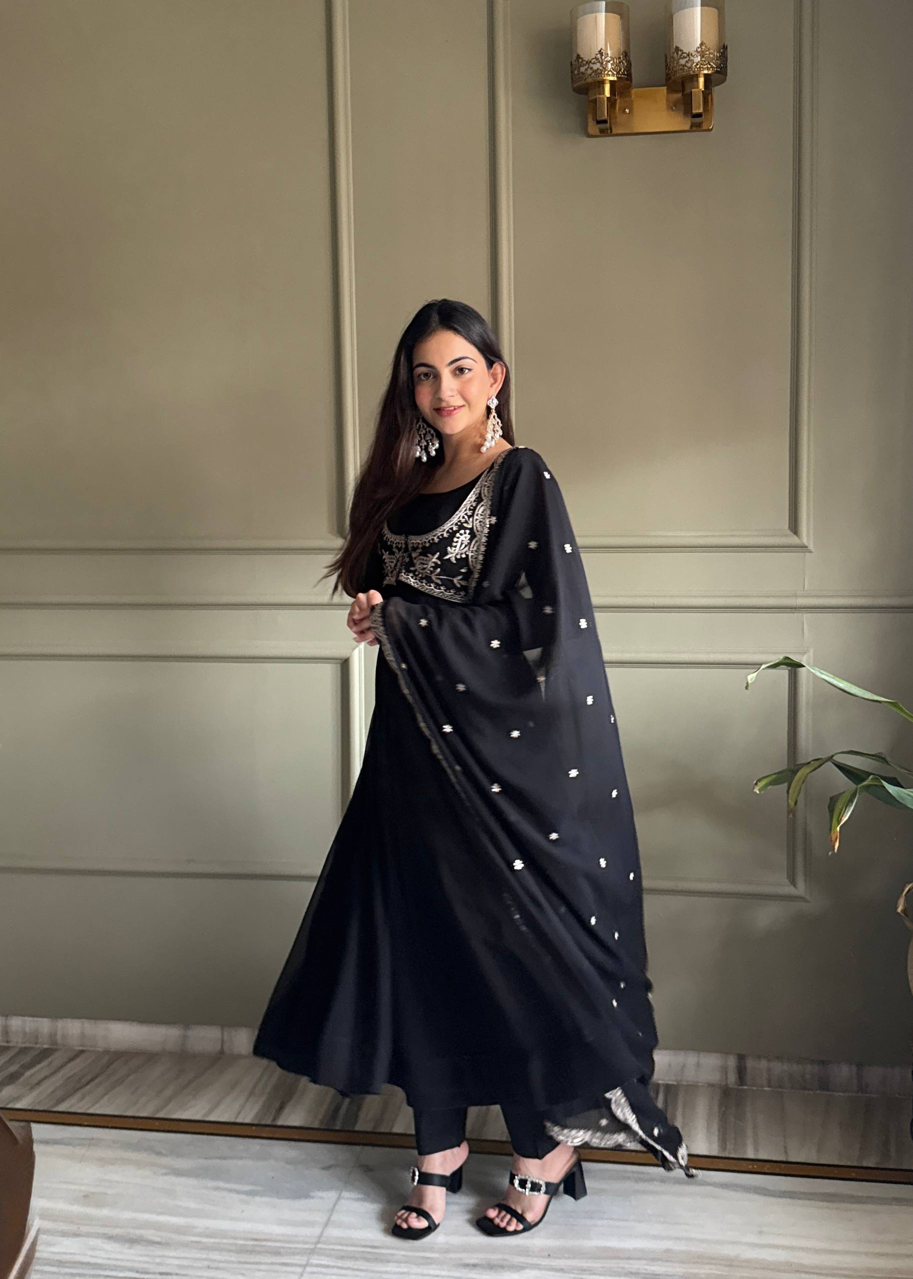 Faux Georgette Anarkali Gown Set with Dupatta & Pant