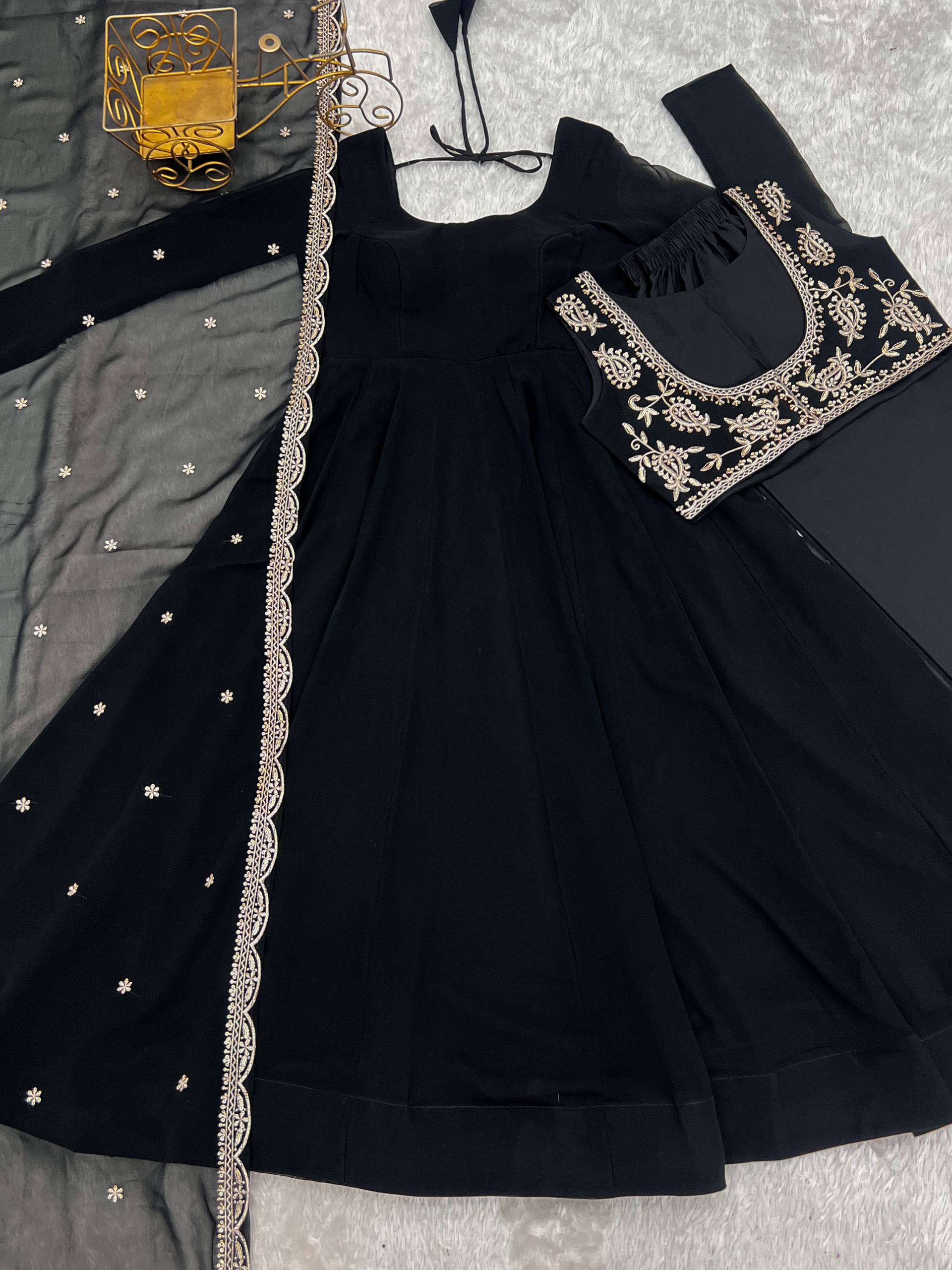 Faux Georgette Anarkali Gown Set with Dupatta & Pant