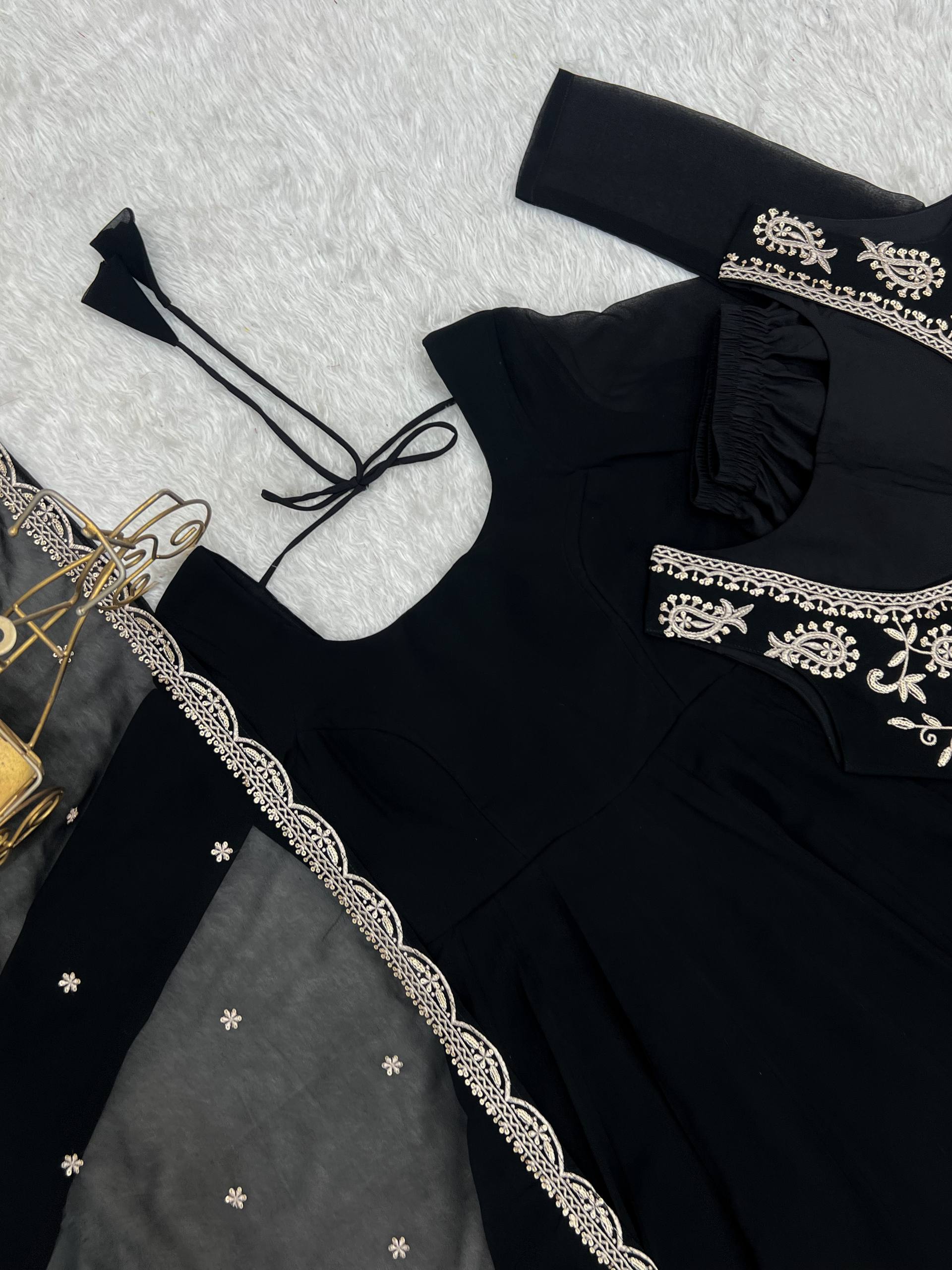 Faux Georgette Anarkali Gown Set with Dupatta & Pant