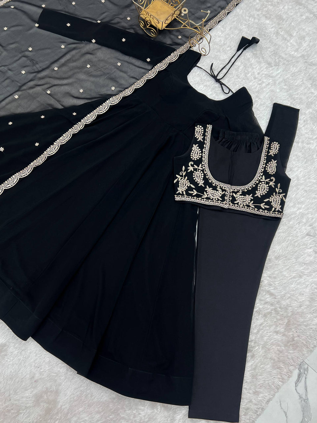 Faux Georgette Anarkali Gown Set with Dupatta & Pant