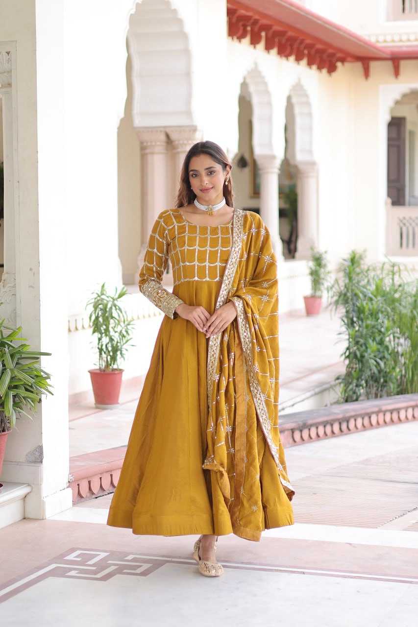 Vichitra Gown with Heavy Sequins Zari Work & Dupatta