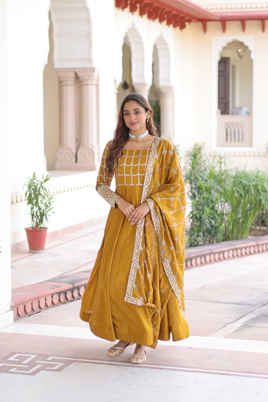 Vichitra Gown with Heavy Sequins Zari Work & Dupatta