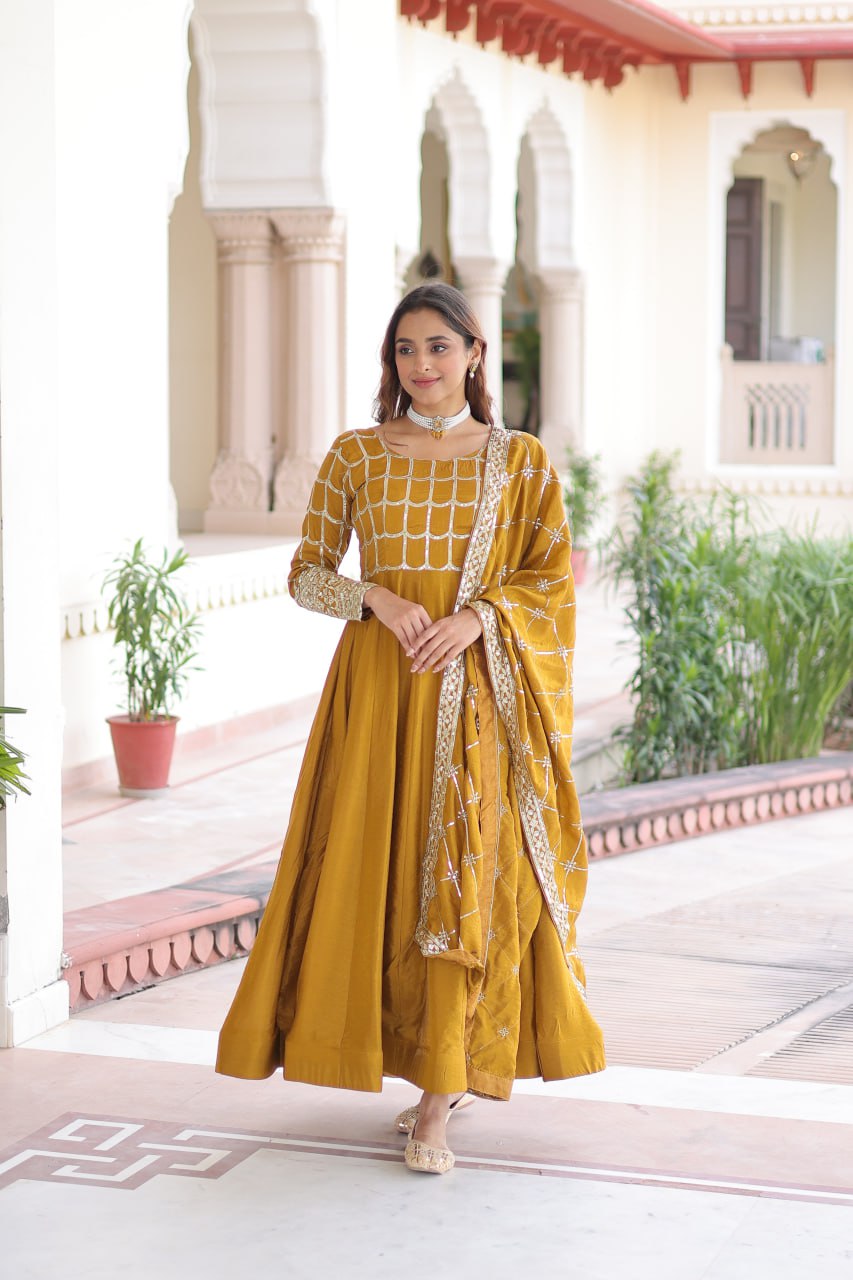 Vichitra Gown with Heavy Sequins Zari Work & Dupatta