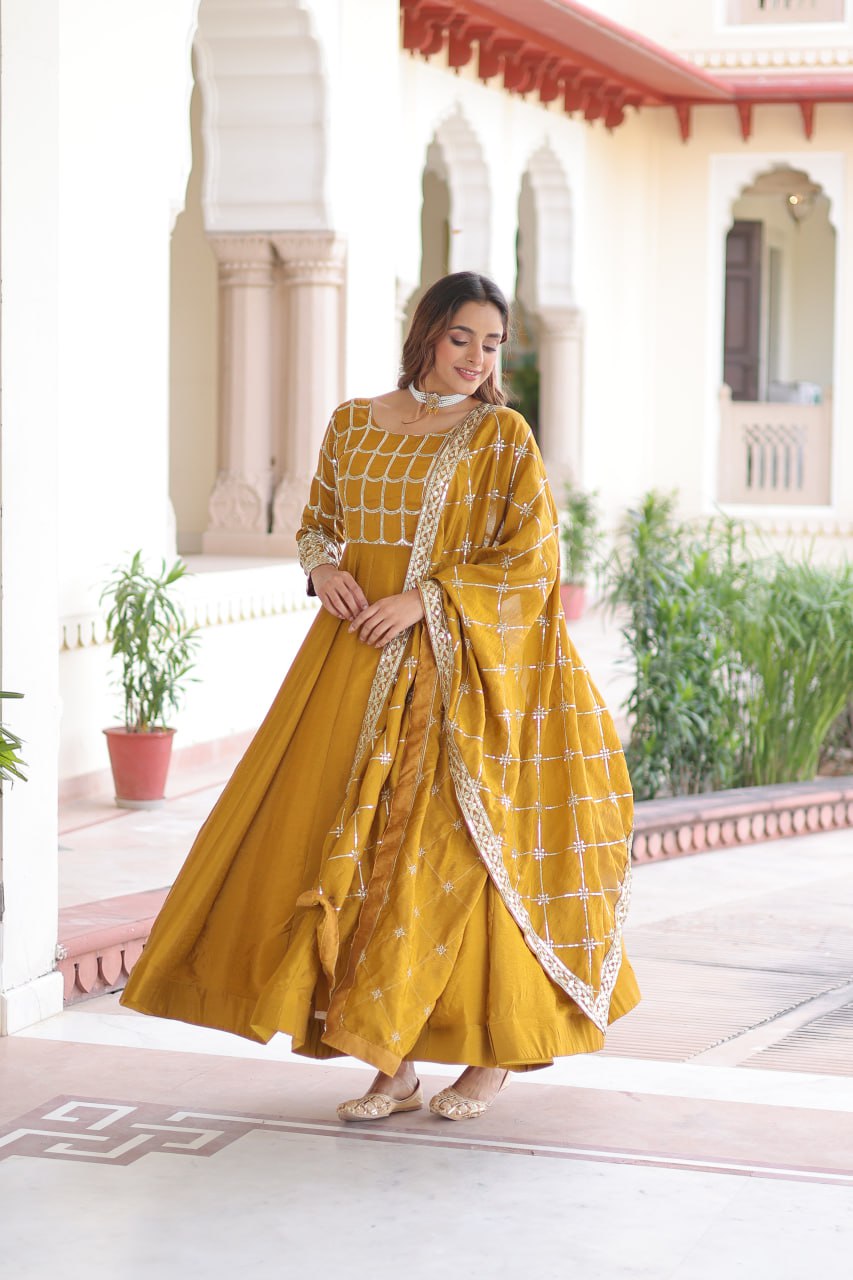 Vichitra Gown with Heavy Sequins Zari Work & Dupatta