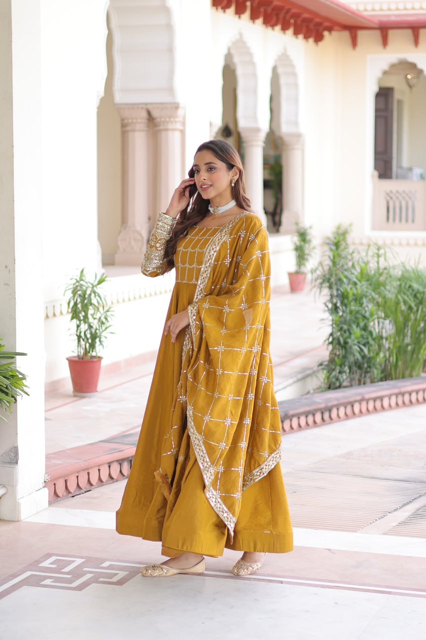 Vichitra Gown with Heavy Sequins Zari Work & Dupatta