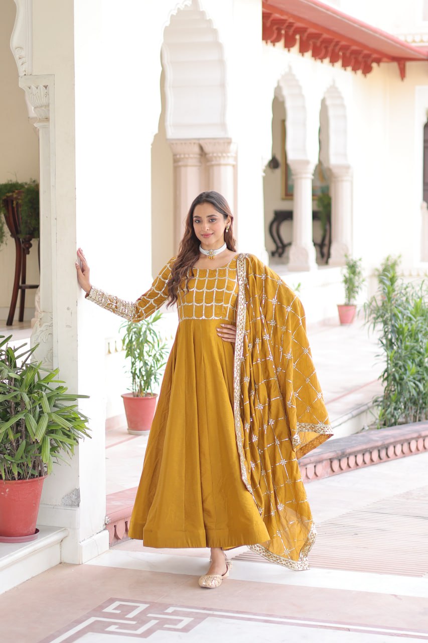 Vichitra Gown with Heavy Sequins Zari Work & Dupatta