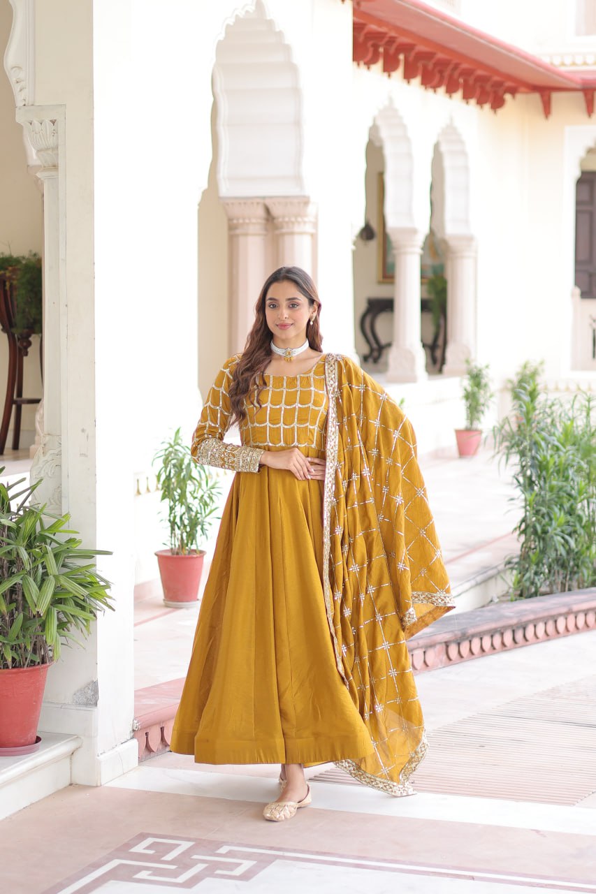 Vichitra Gown with Heavy Sequins Zari Work & Dupatta